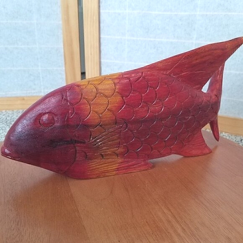 Wooden Fish Decor Handmade Signed Red